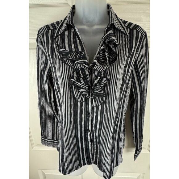 Spense Ruffled Collared Striped Shirt Black Gray cottagecore coquettish M 50-26 - Picture 1 of 15